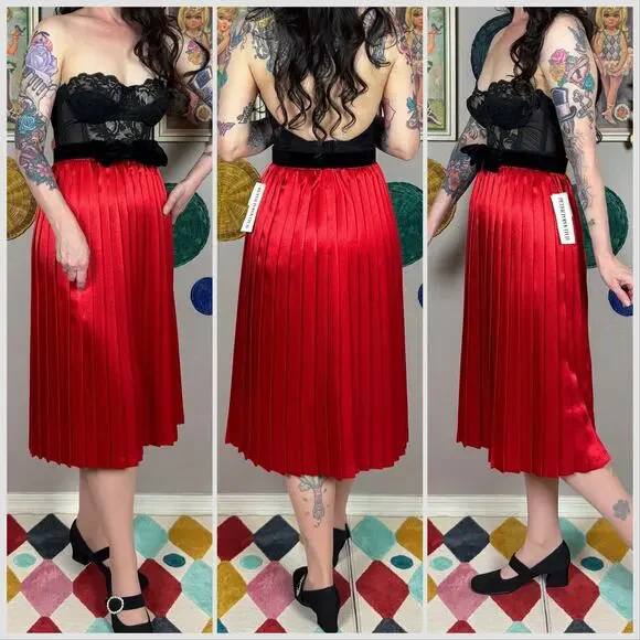 Vintage 1980s Red Satin High Waist Accordion Pleated Skirt - Picture 3 of 7